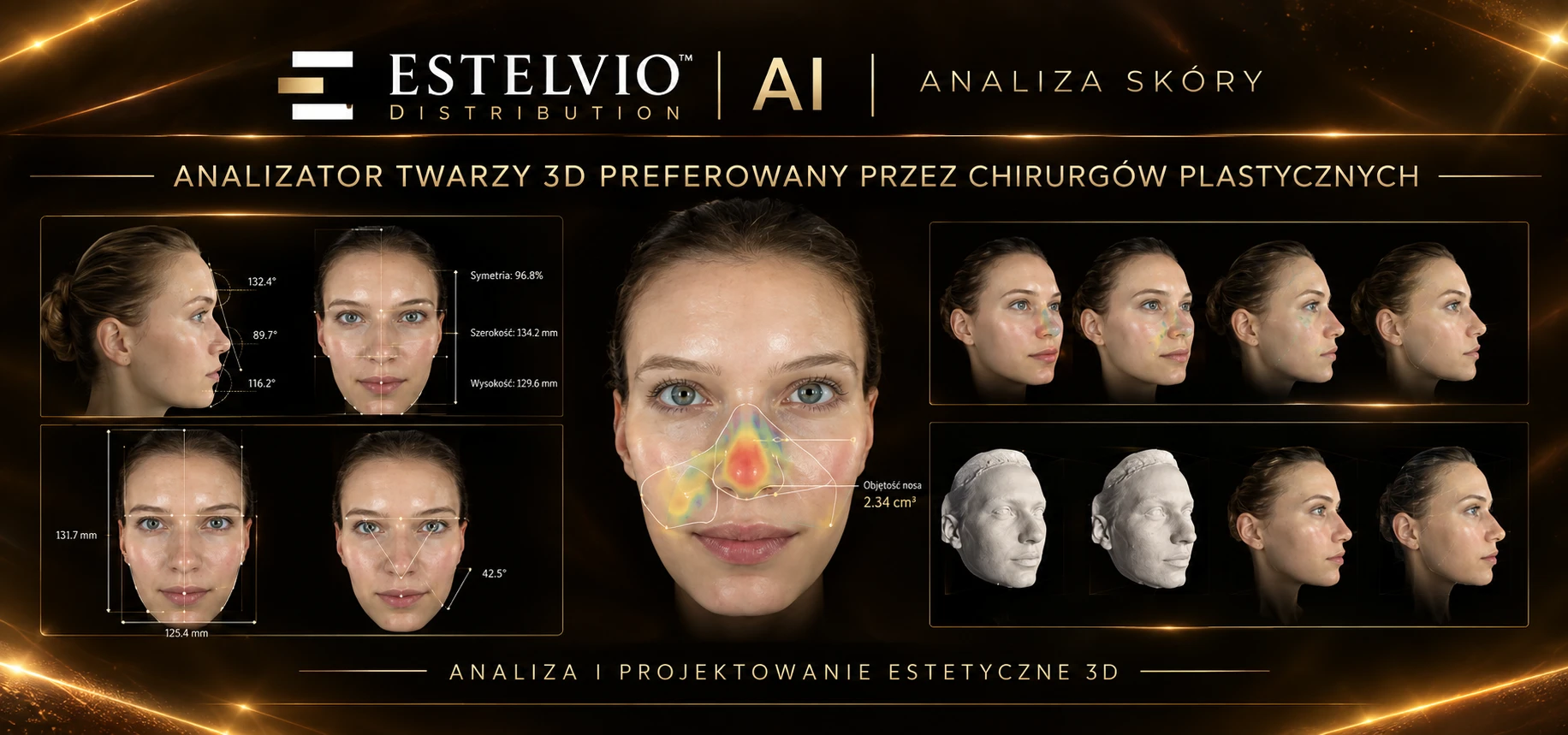 Analizator twarzy 3D - pomiar proporcji, symetrii i objętości wybranych obszarów twarzy, pomocny przy planowaniu zabiegów korygujących wygląd.