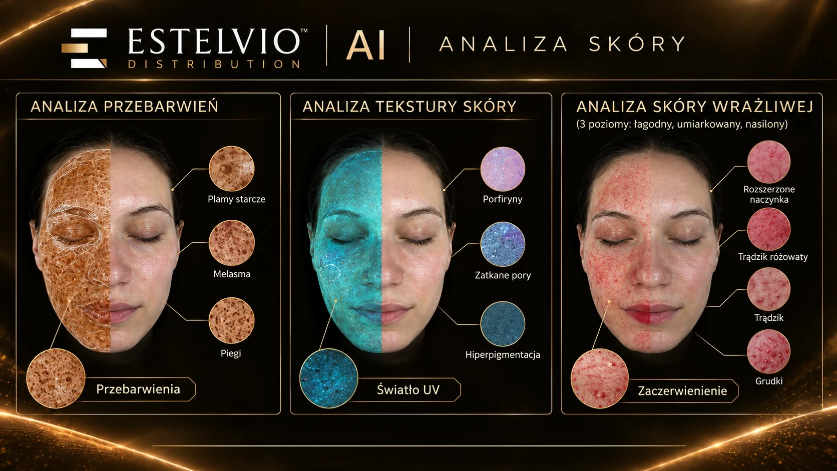 Raport dzieli się na trzy części: analizę przebarwień (plamy starcze, melasma, piegi), analizę tekstury skóry (porfiryny, zatkane pory, przebarwienia pod powierzchnią) i analizę wrażliwości skóry z trzema poziomami nasilenia (łagodny, umiarkowany, poważny) - rozszerzone naczynka, rumień, trądzik, grudki.